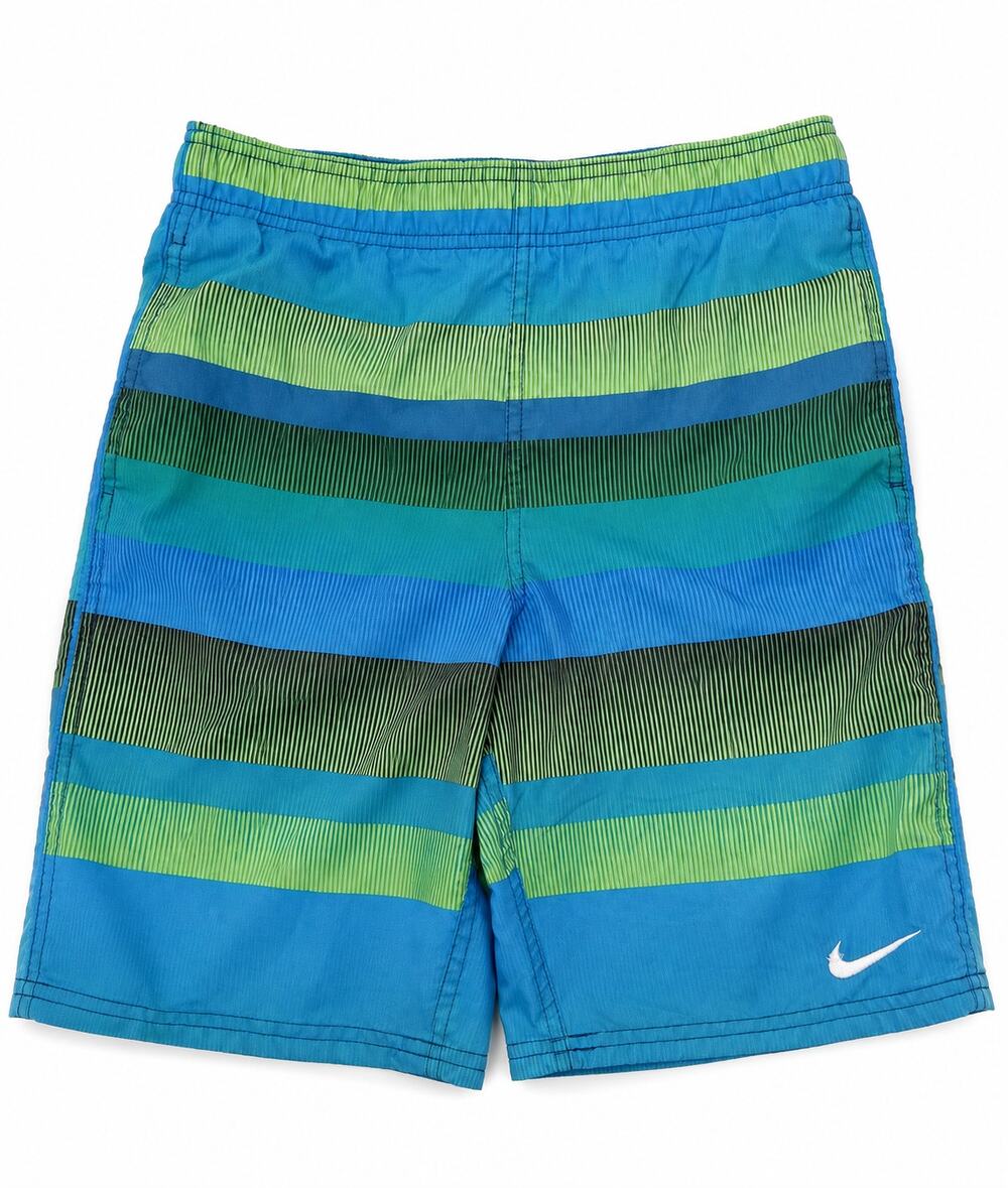 Nike Boys Blue Green Striped Swim Trunks Beach Pool Swimwear, S (8-10 years)